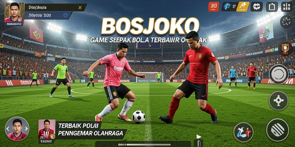 Tampilan gameplay menarik dari BOSJOKO yang menampilkan aksi sepak bola.