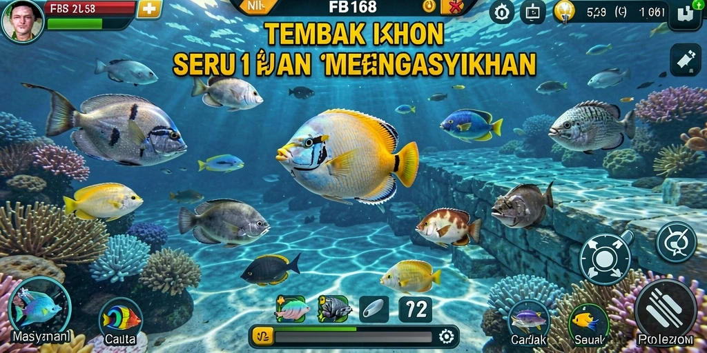 Screenshot utama FB168 menampilkan aksi menembak ikan yang mendebarkan.