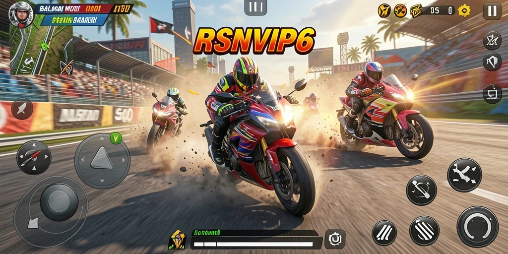 Tampilan gameplay menegangkan dari RSNVIP6 dengan aksi balap motor.