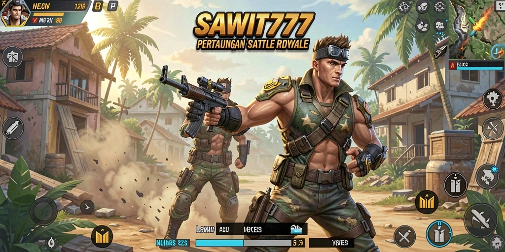 Screenshot gameplay SAWIT777 menampilkan aksi intens di arena Battle Royale.